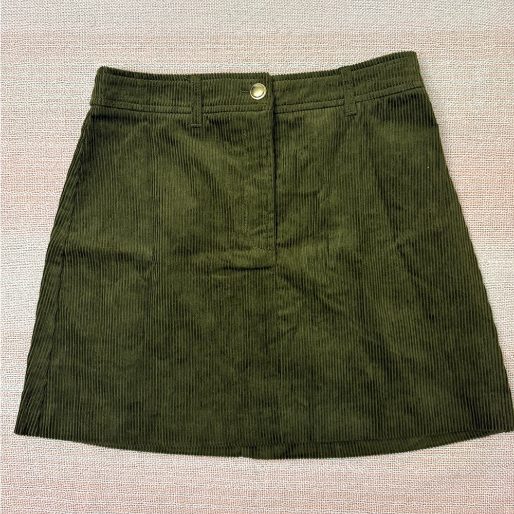 H&M Corduroy A-Line Skirt Button Olive Green Belt Loops Recycled Cotton Size 2